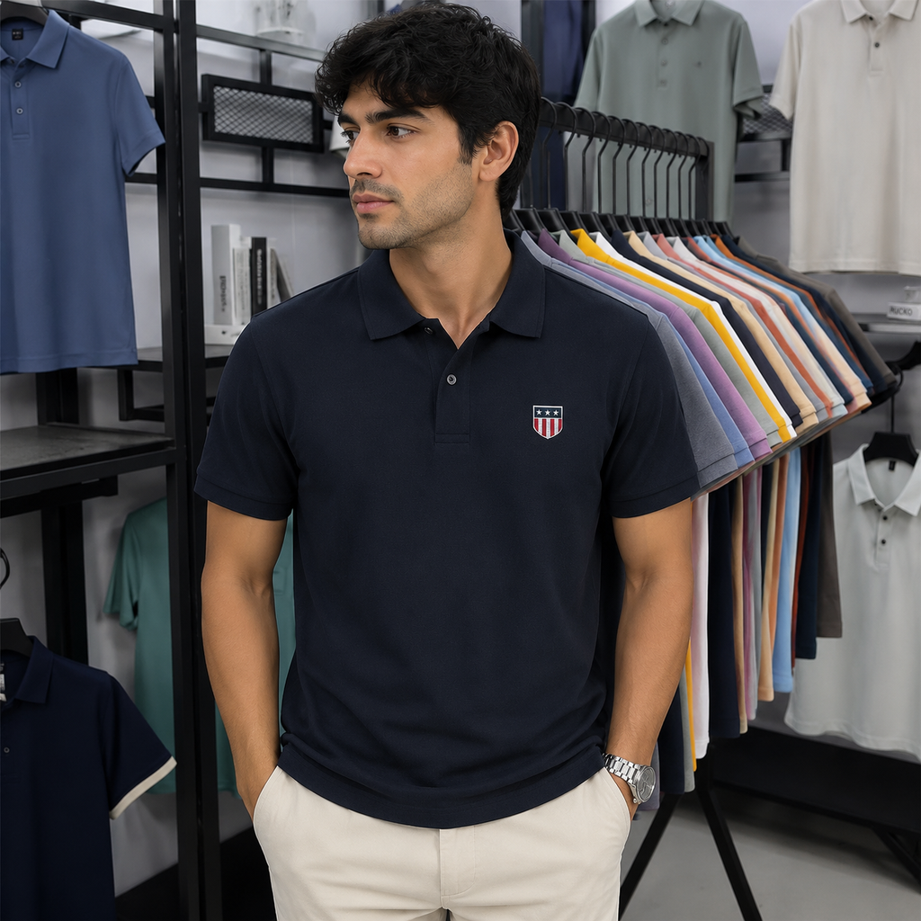 A man wearing a navy blue polo shirt with a small shield logo on the chest