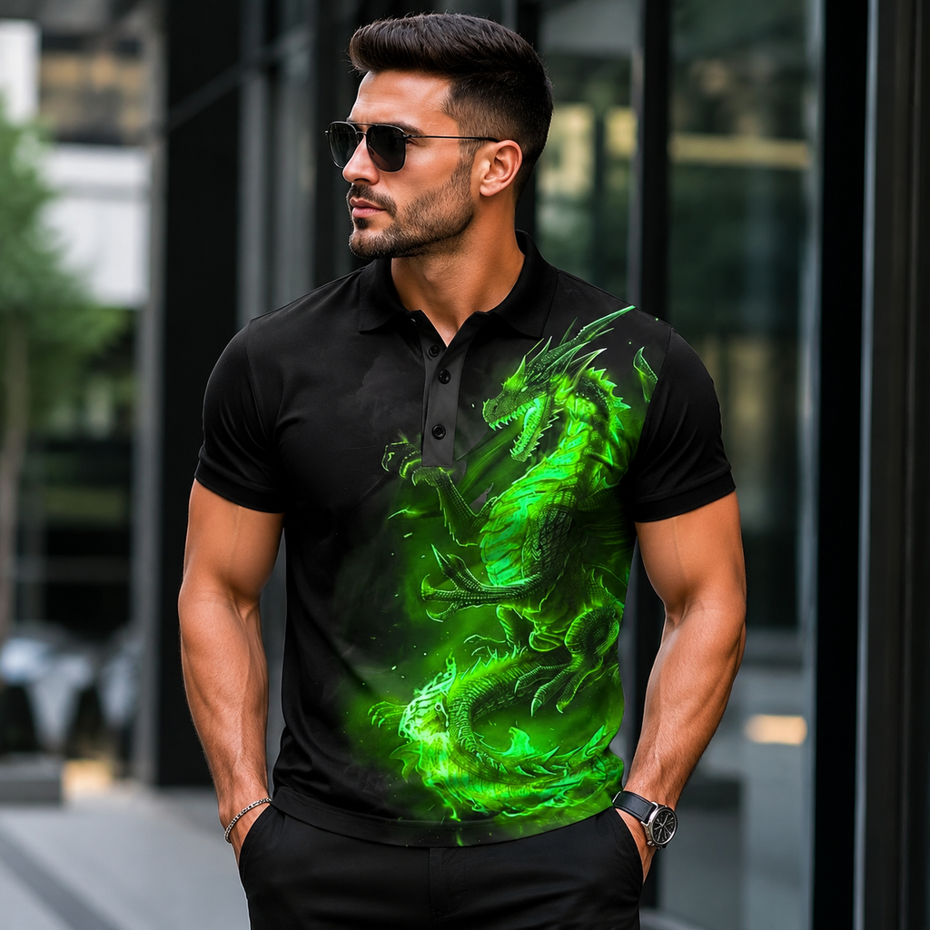 Men's Dragon Print Polo Shirt – Short Sleeve Casual Golf &amp; Streetwear Polo
