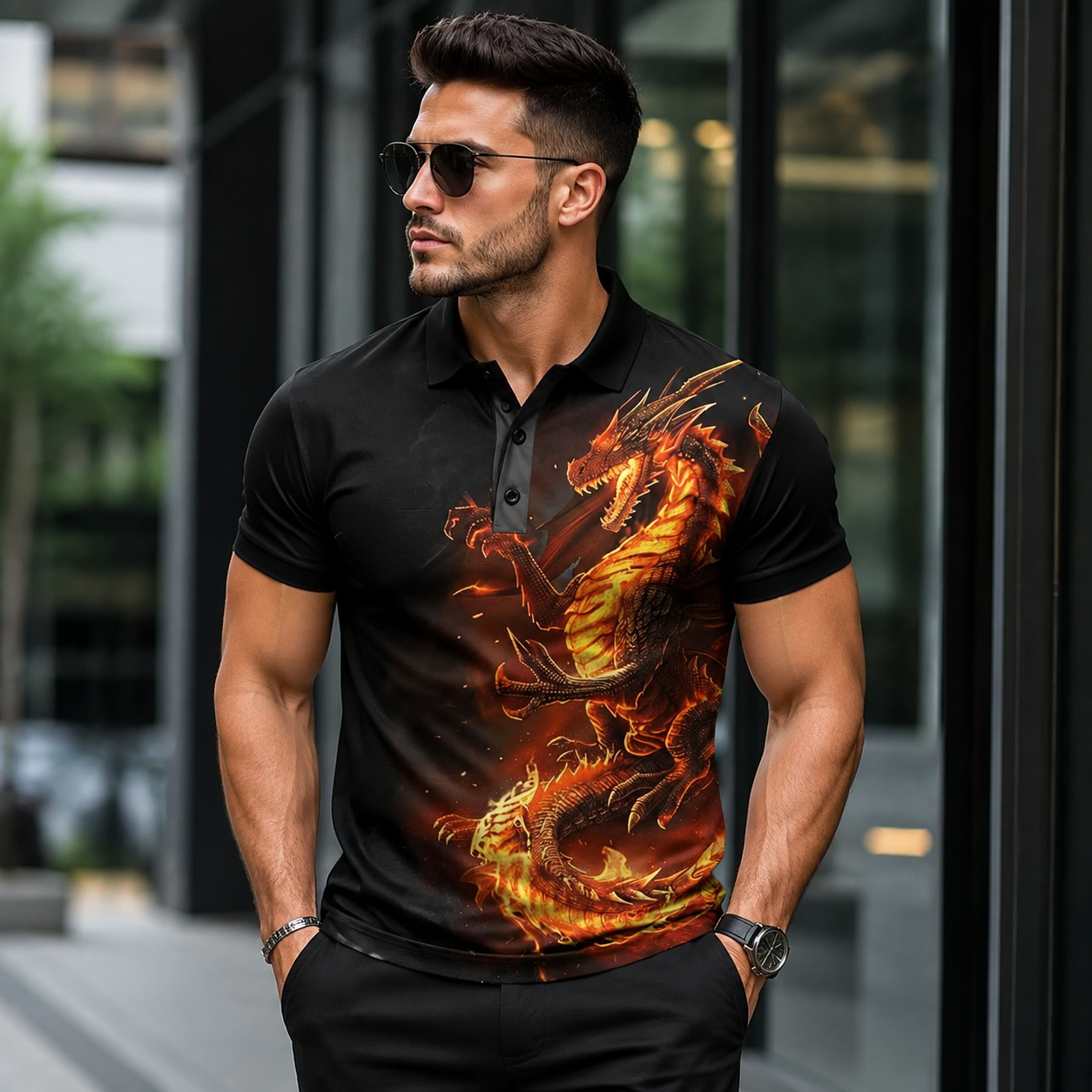 Men's Dragon Print Polo Shirt – Short Sleeve Casual Golf &amp; Streetwear Polo