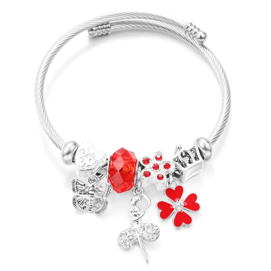 New Butterfly Crystal Tree of Life Beaded Pendant Bracelet Stainless Steel 4 Colors Closure Bangles Women Bracelet Accessories