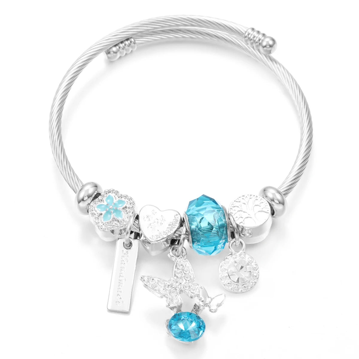 New Butterfly Crystal Tree of Life Beaded Pendant Bracelet Stainless Steel 4 Colors Closure Bangles Women Bracelet Accessories