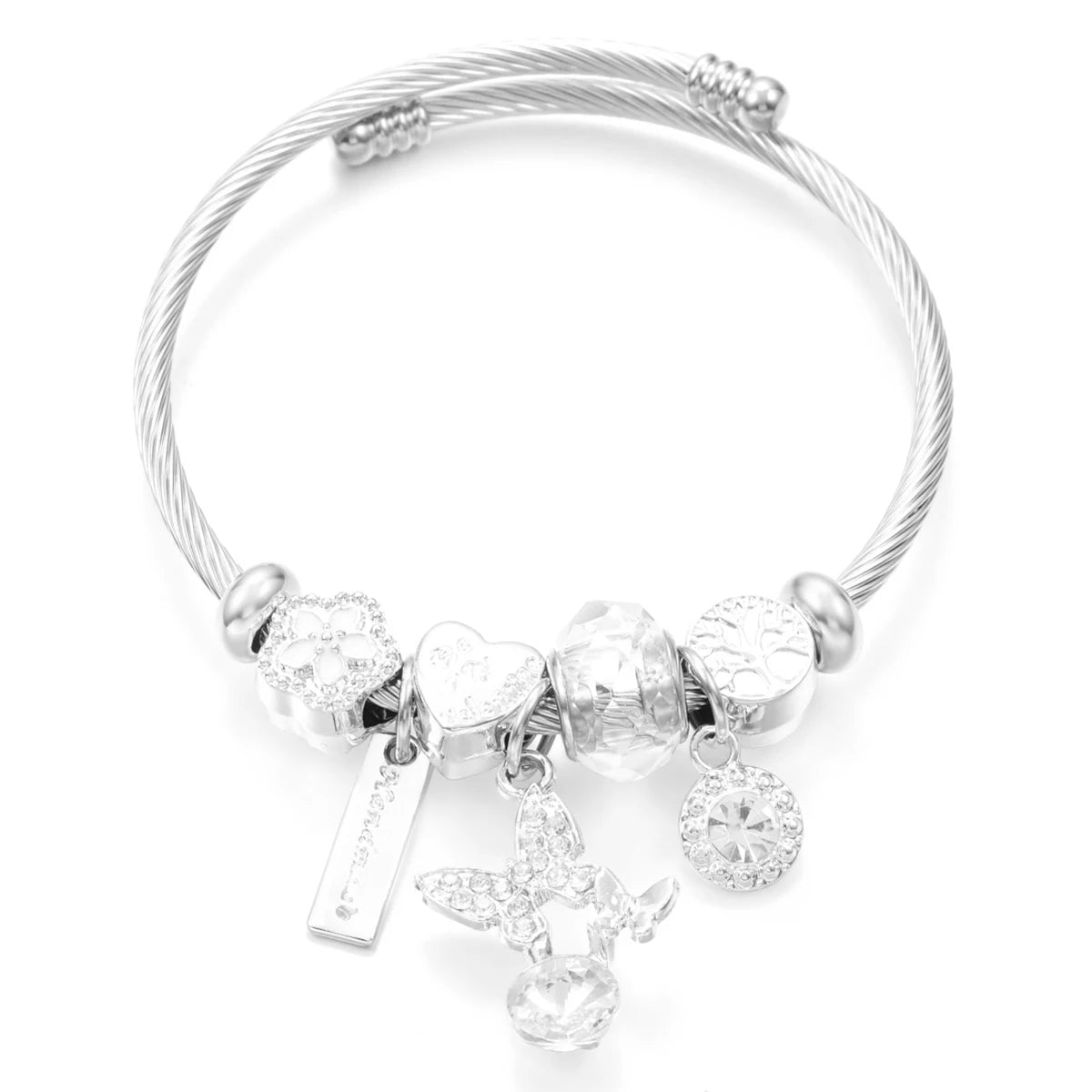 New Butterfly Crystal Tree of Life Beaded Pendant Bracelet Stainless Steel 4 Colors Closure Bangles Women Bracelet Accessories