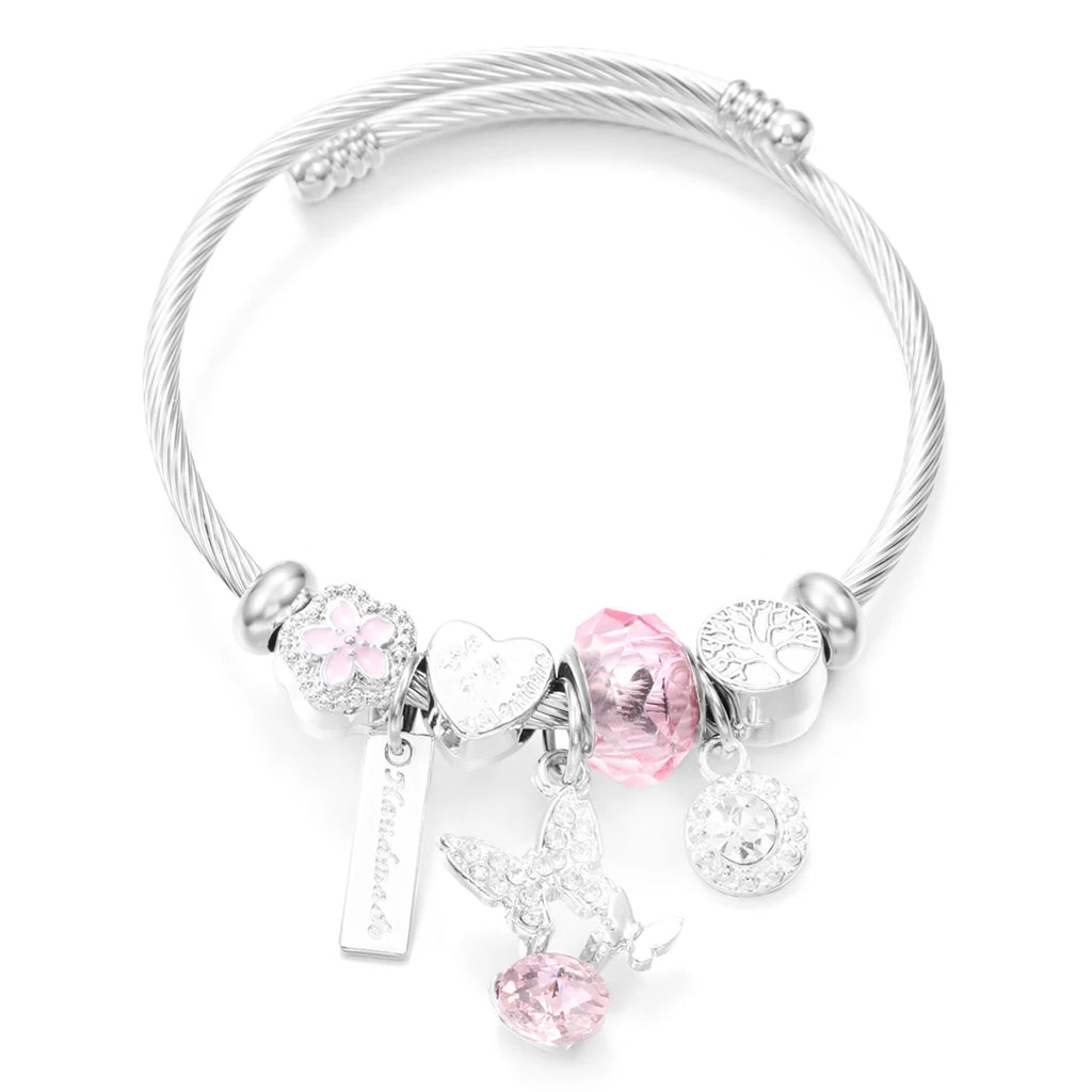 New Butterfly Crystal Tree of Life Beaded Pendant Bracelet Stainless Steel 4 Colors Closure Bangles Women Bracelet Accessories