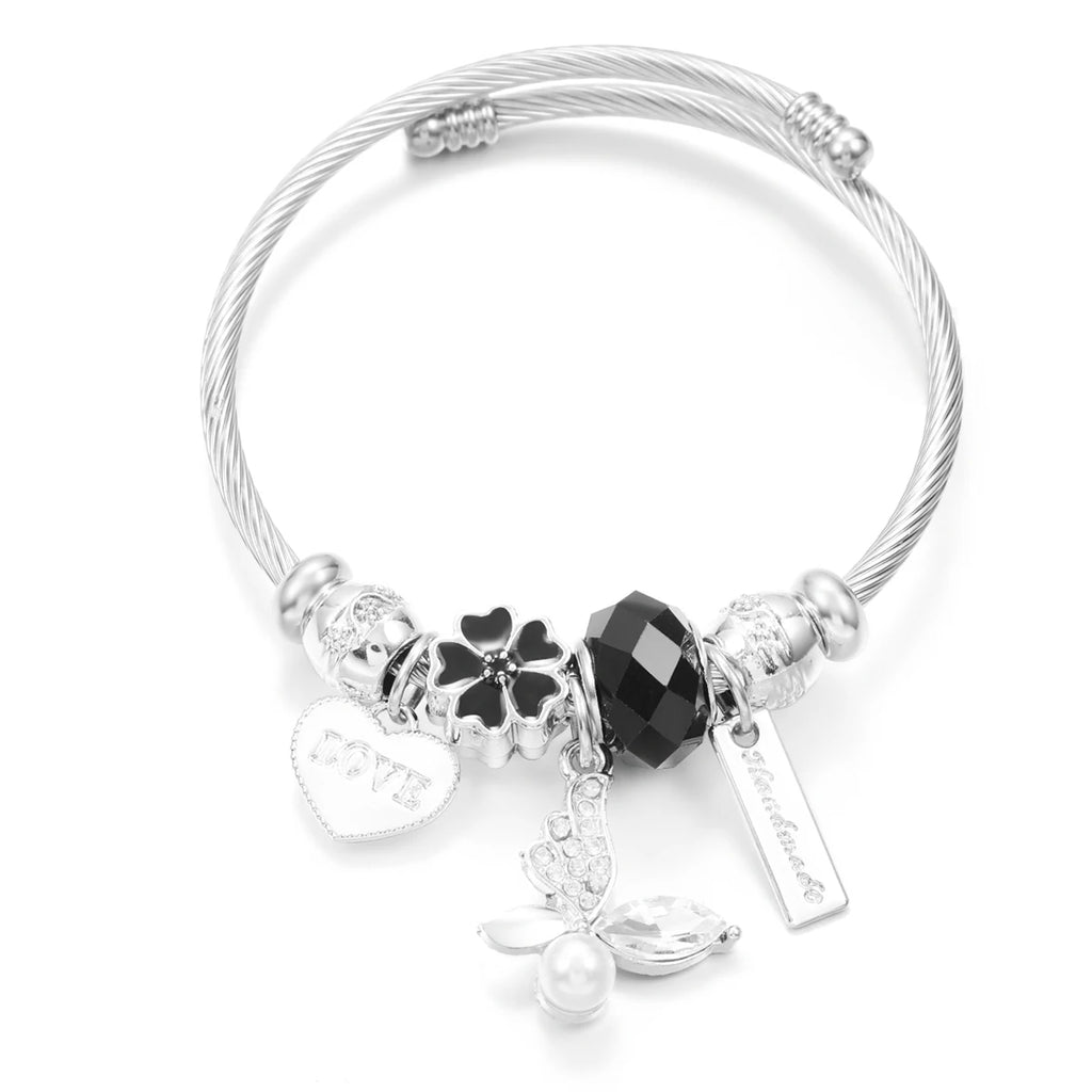 New Butterfly Crystal Tree of Life Beaded Pendant Bracelet Stainless Steel 4 Colors Closure Bangles Women Bracelet Accessories