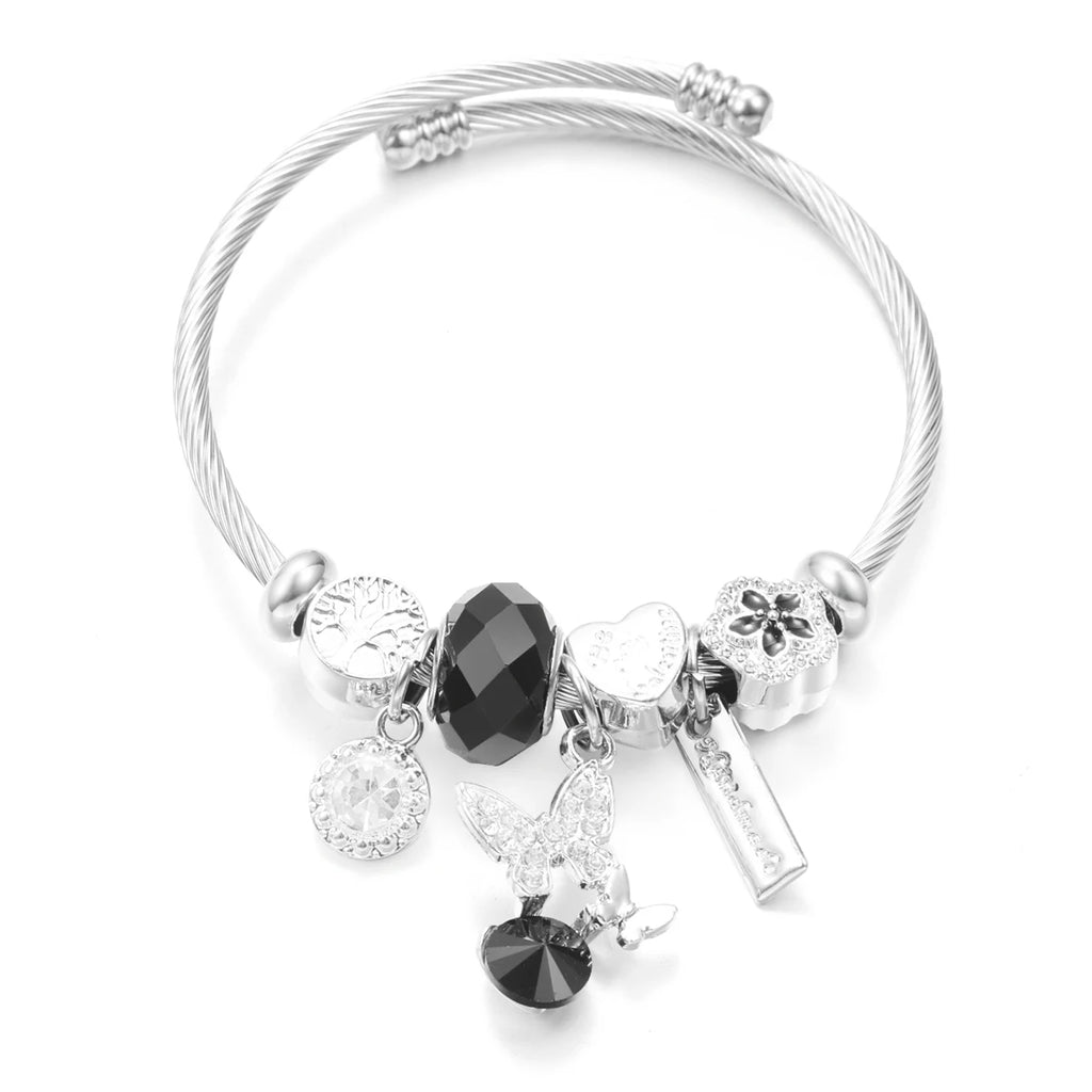 New Butterfly Crystal Tree of Life Beaded Pendant Bracelet Stainless Steel 4 Colors Closure Bangles Women Bracelet Accessories