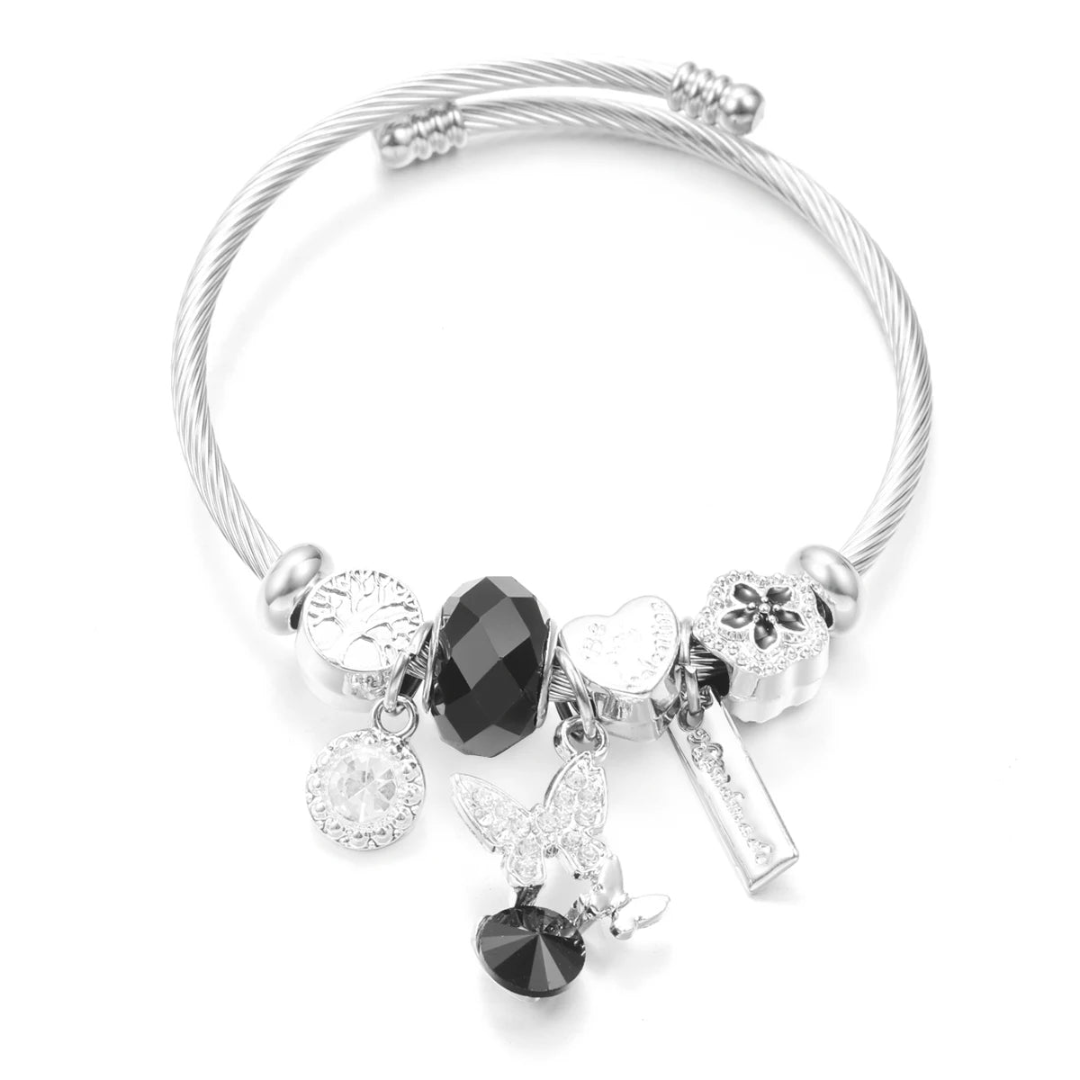 New Butterfly Crystal Tree of Life Beaded Pendant Bracelet Stainless Steel 4 Colors Closure Bangles Women Bracelet Accessories