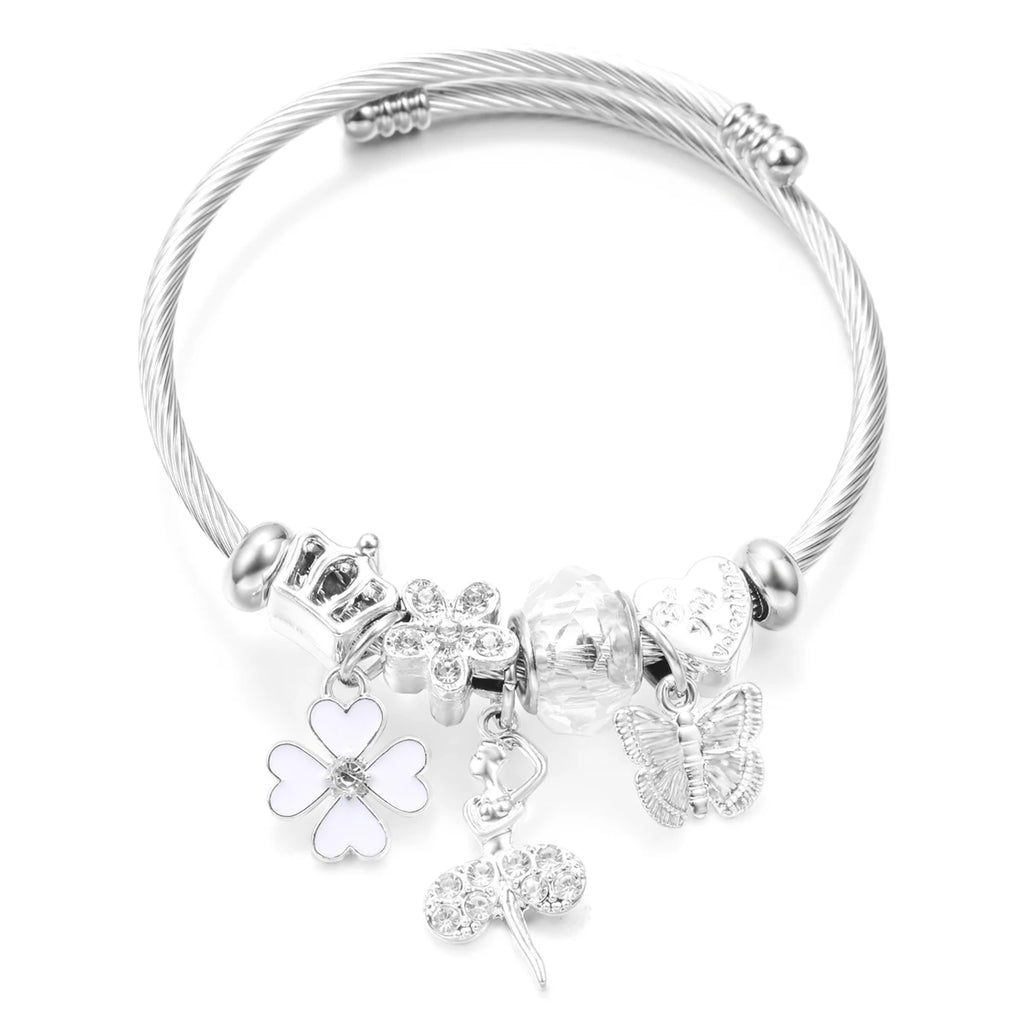 New Butterfly Crystal Tree of Life Beaded Pendant Bracelet Stainless Steel 4 Colors Closure Bangles Women Bracelet Accessories