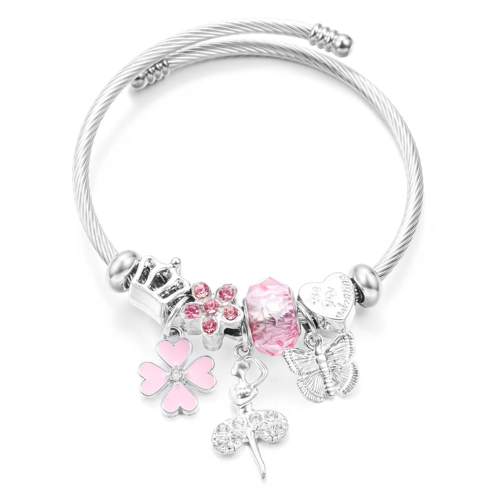 New Butterfly Crystal Tree of Life Beaded Pendant Bracelet Stainless Steel 4 Colors Closure Bangles Women Bracelet Accessories