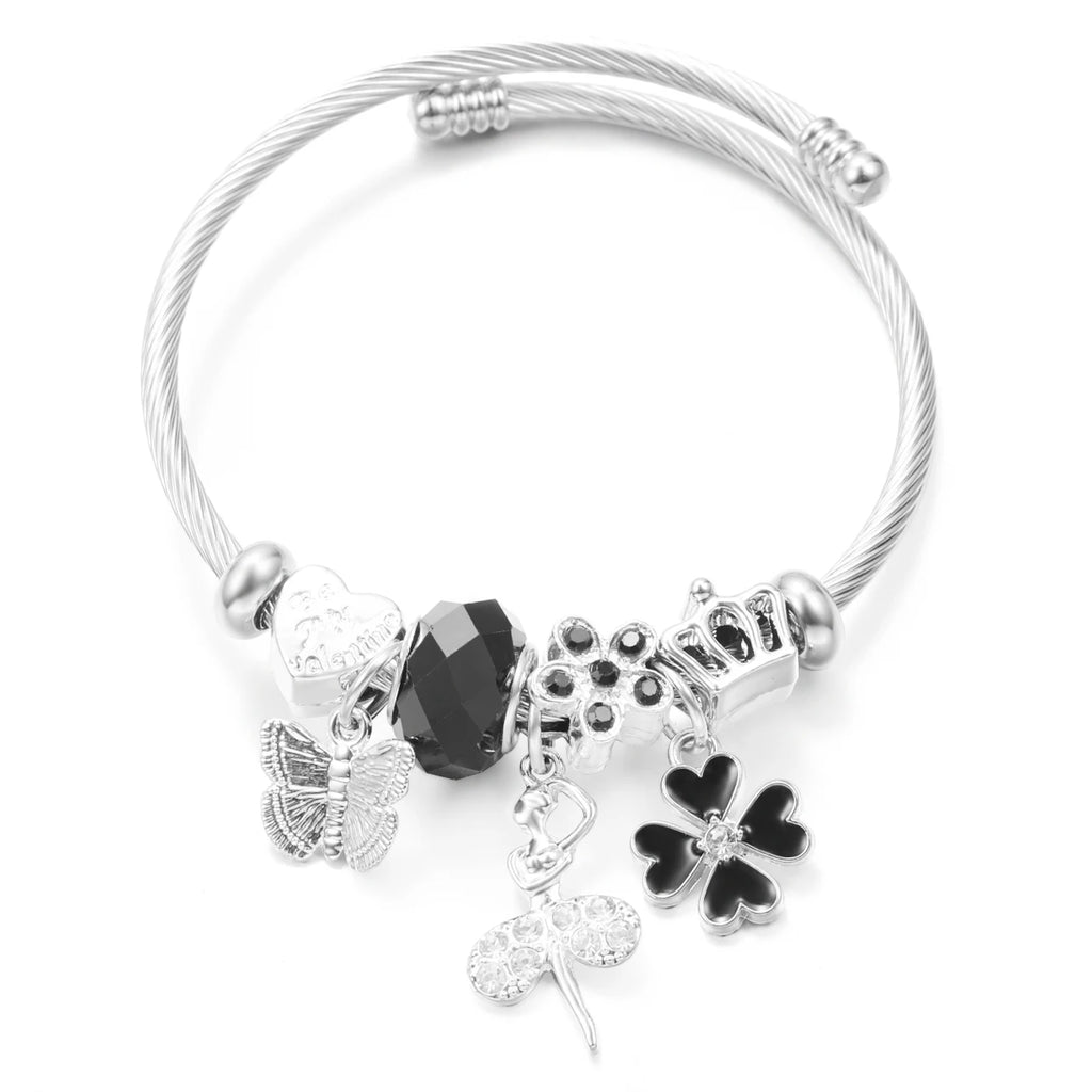 New Butterfly Crystal Tree of Life Beaded Pendant Bracelet Stainless Steel 4 Colors Closure Bangles Women Bracelet Accessories