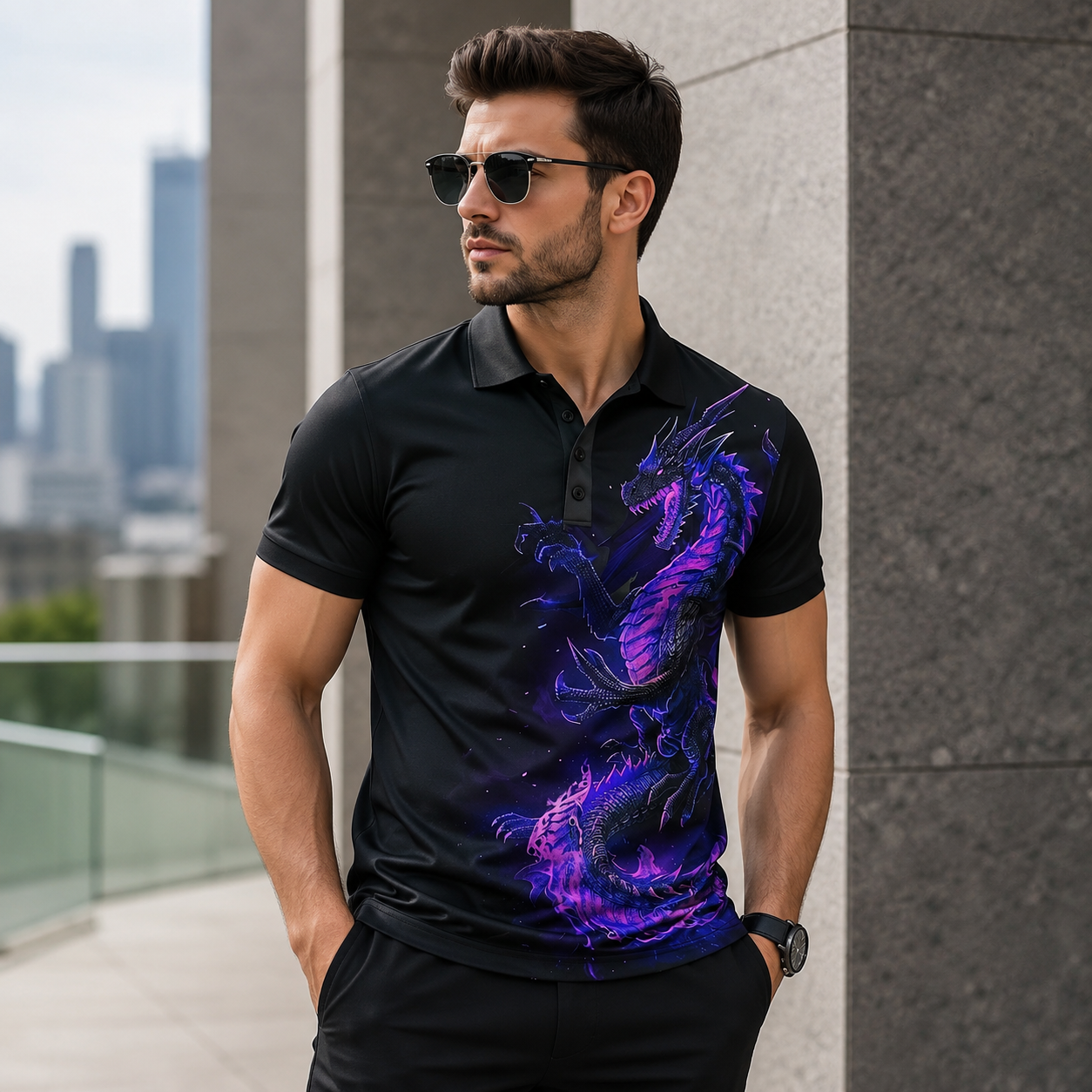 Men's Dragon Print Polo Shirt – Short Sleeve Casual Golf &amp; Streetwear Polo