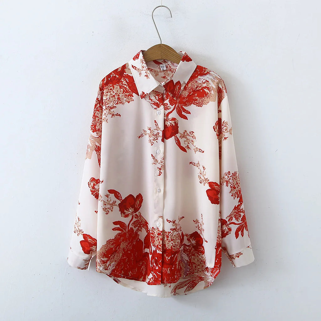 2025 Summer Fashion Satin Long-Sleeved Shirt Women Korean Style Comfortable Vintage Retro Elegant Printed Breathable Logo