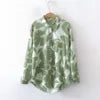 Women's Good Quality Green Pattern Long-Sleeved Shirts Turn Collar Vintage Floral Pattern Button Loose Lapel Long Sleeve Spring