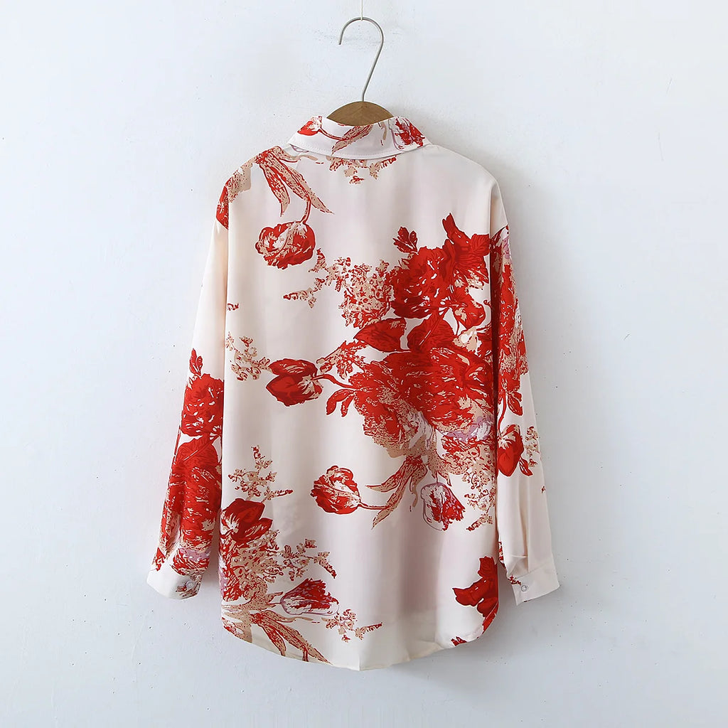2025 Summer Fashion Satin Long-Sleeved Shirt Women Korean Style Comfortable Vintage Retro Elegant Printed Breathable Logo