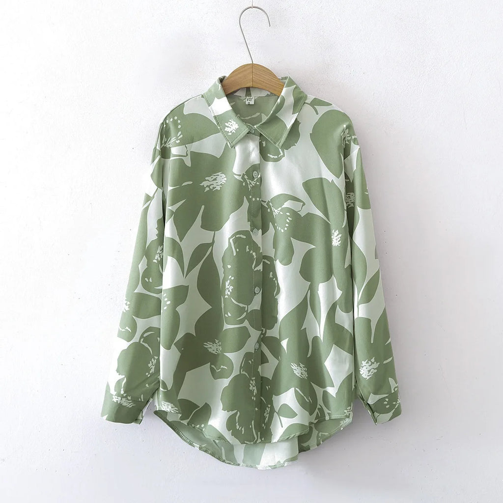 Women's Good Quality Green Pattern Long-Sleeved Shirts Turn Collar Vintage Floral Pattern Button Loose Lapel Long Sleeve Spring