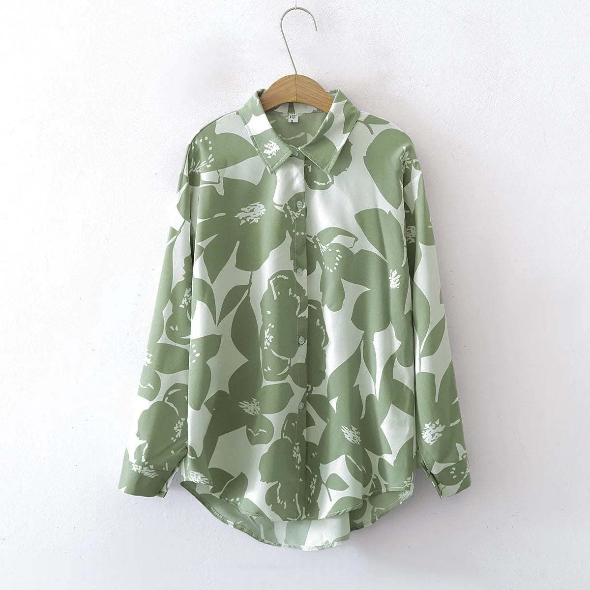 Women's Good Quality Green Pattern Long-Sleeved Shirts Turn Collar Vintage Floral Pattern Button Loose Lapel Long Sleeve Spring