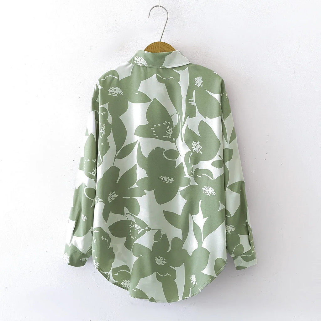 Women's Good Quality Green Pattern Long-Sleeved Shirts Turn Collar Vintage Floral Pattern Button Loose Lapel Long Sleeve Spring