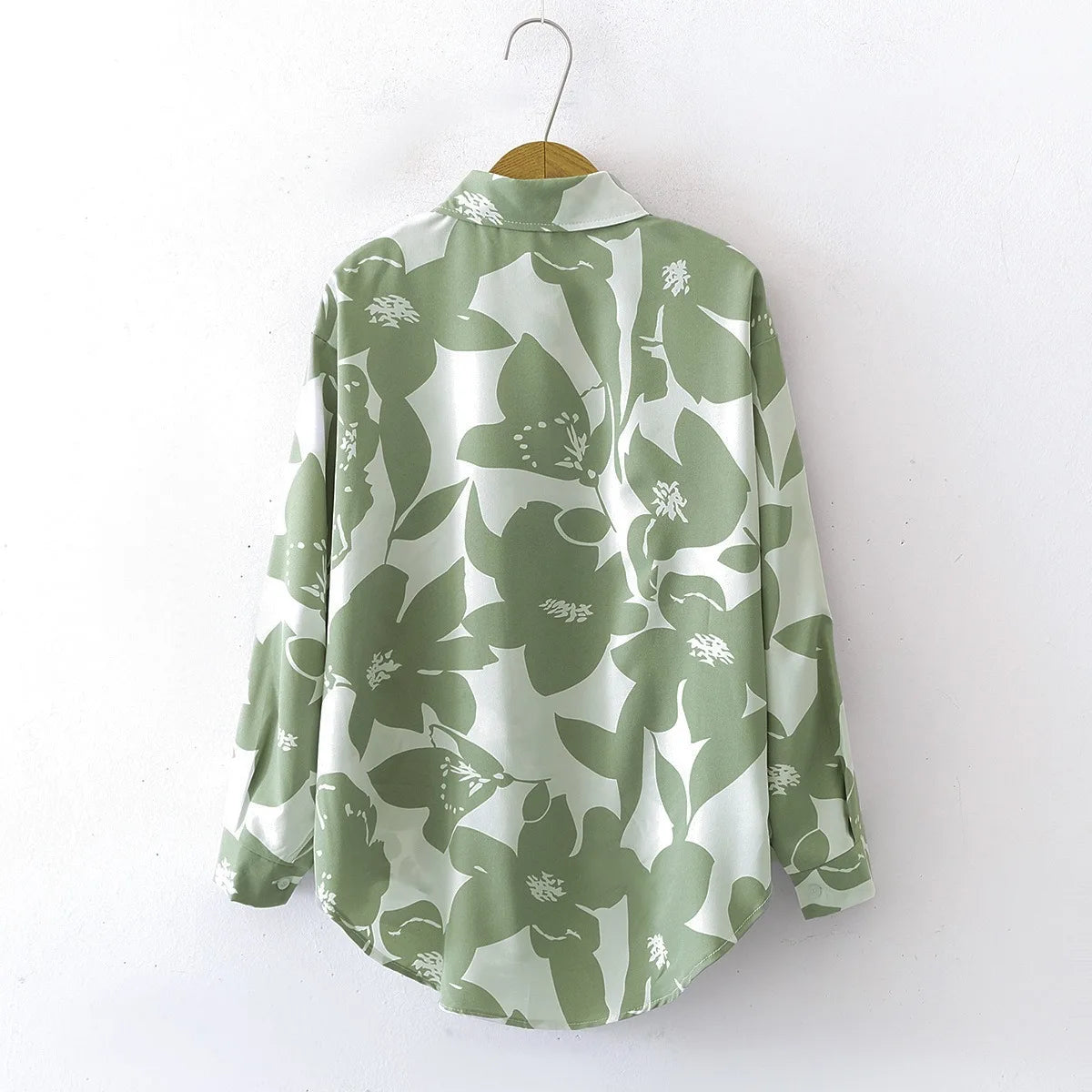 Women's Good Quality Green Pattern Long-Sleeved Shirts Turn Collar Vintage Floral Pattern Button Loose Lapel Long Sleeve Spring