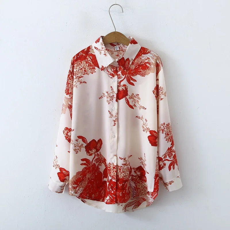 2025 Summer Fashion Satin Long-Sleeved Shirt Women Korean Style Comfortable Vintage Retro Elegant Printed Breathable Logo