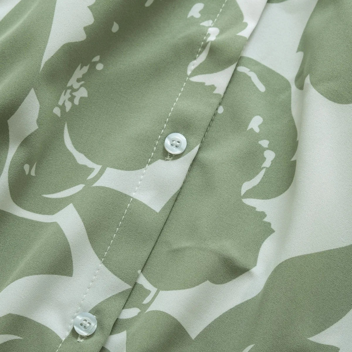 Women's Good Quality Green Pattern Long-Sleeved Shirts Turn Collar Vintage Floral Pattern Button Loose Lapel Long Sleeve Spring