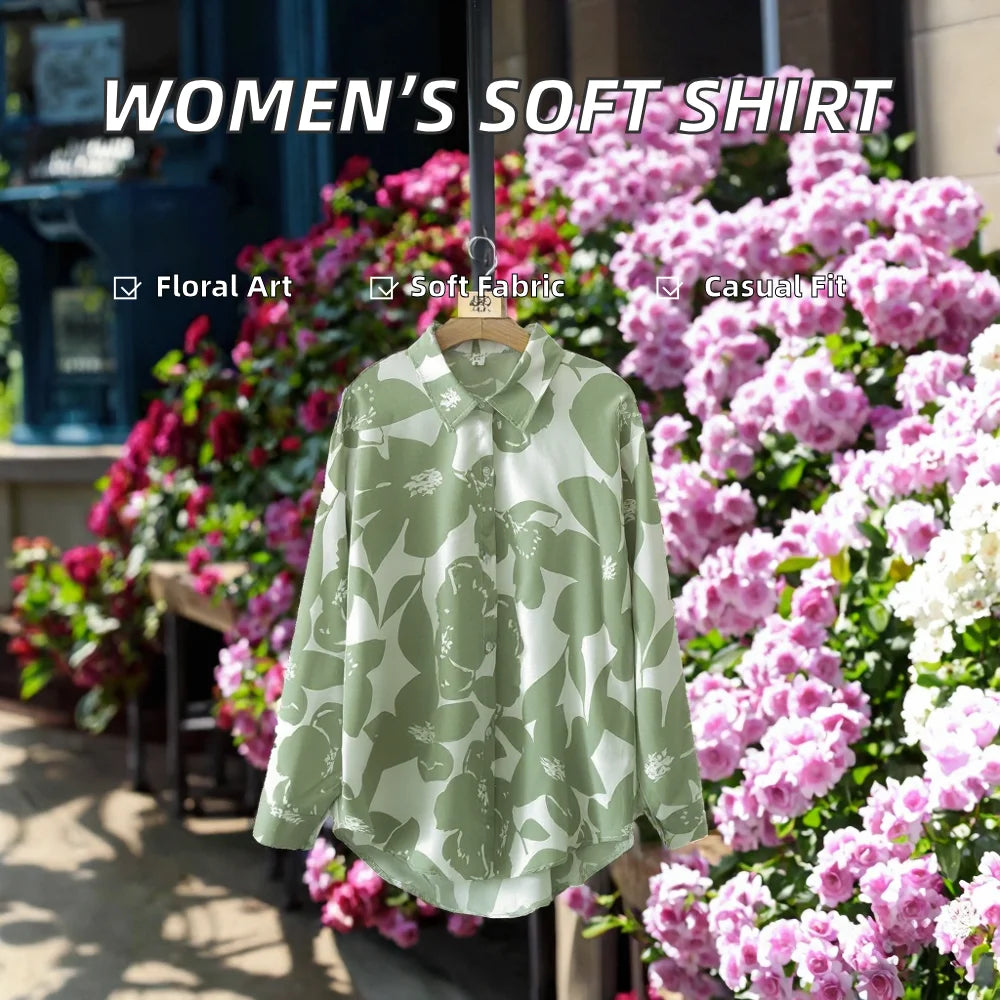Women's Good Quality Green Pattern Long-Sleeved Shirts Turn Collar Vintage Floral Pattern Button Loose Lapel Long Sleeve Spring