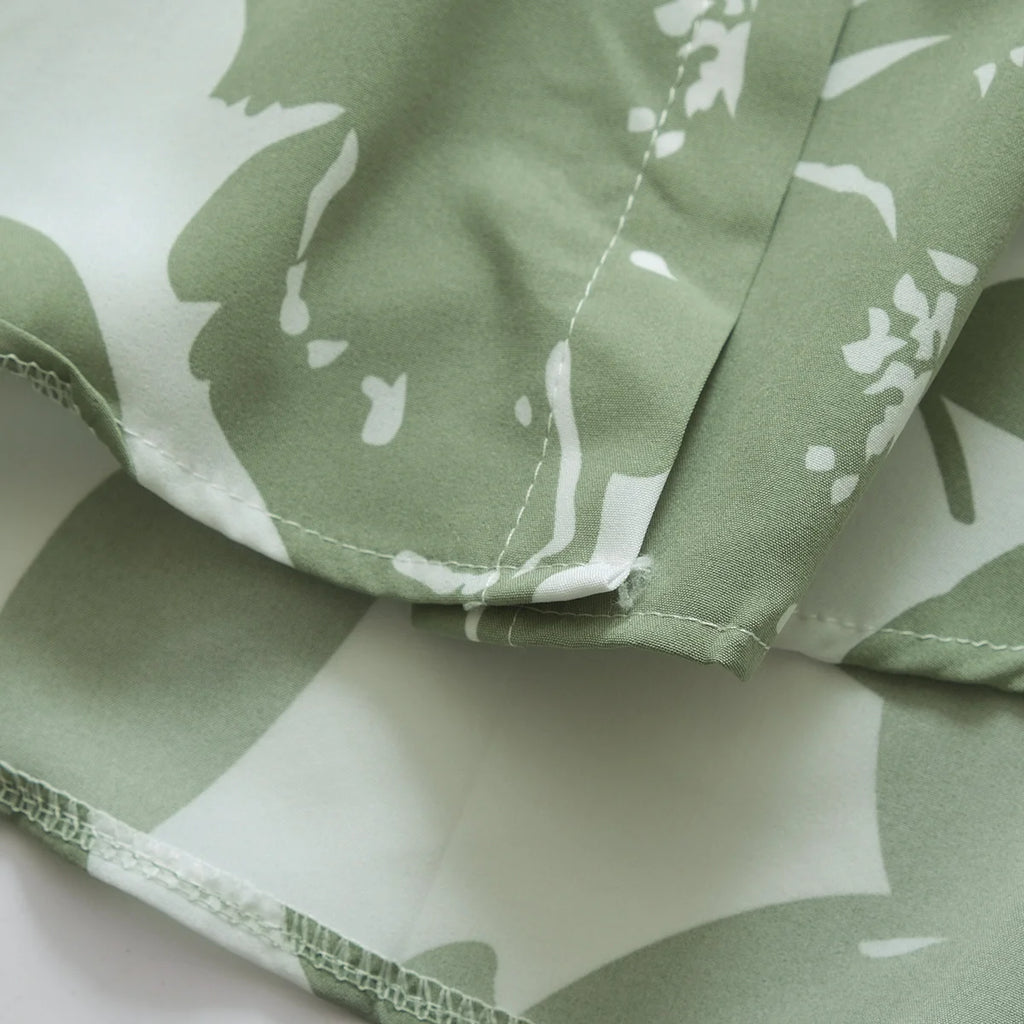 Women's Good Quality Green Pattern Long-Sleeved Shirts Turn Collar Vintage Floral Pattern Button Loose Lapel Long Sleeve Spring