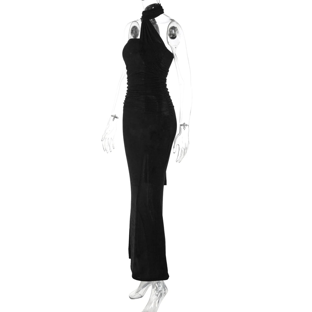 Hugcitar Elegant Solid Halter Sleeveless Backless Ruched Sexy Bodycon Maxi Dress Summer Women Y2K Outfit Evening Party Festival