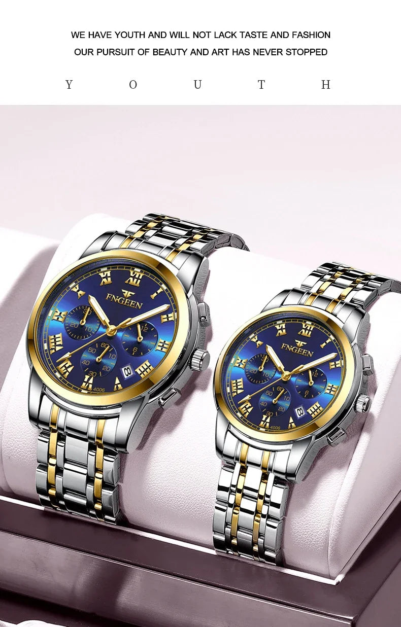 BINBOND 2pcs Couple Watches Fashion Top Brand Men Ladies for Quartz Watch Lover Waterproof Stainless Steel Watch Valentine Gift