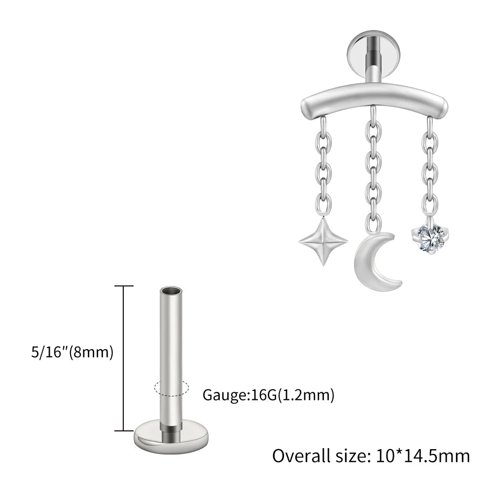 Right Grand ASTM F136 Titanium Hidden Helix Chain Earring 16G Dainty Star Moon CZ Dangle Cartilage Stud Piercing Jewelry