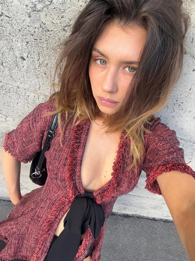 Women's Vintage Fringed V-Neck Blouse – Short Sleeve Lace-Up Ruffle Top | Chic Summer Fashion Shirt 2026