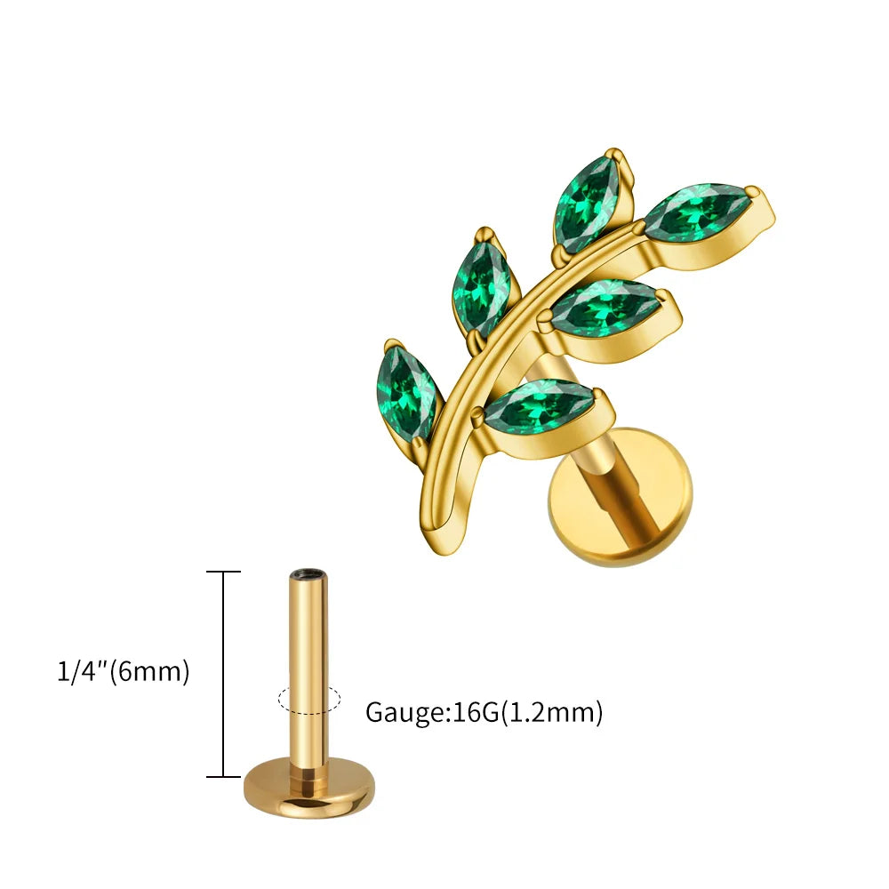 Right Grand ASTM F136 Titanium 16G Marquise CZ Leaves Stud Earring Leaf Shaped Helix Cartilage Conch Flat Back Piercing Jewelry
