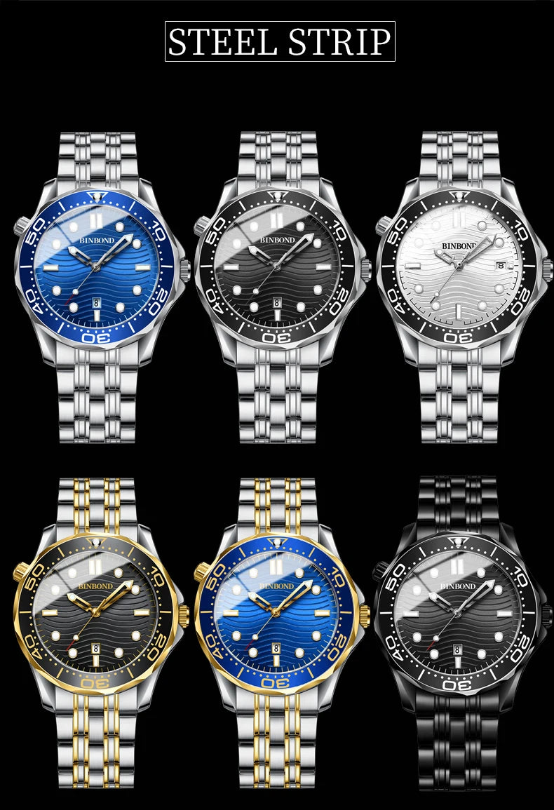 BINBOND Brand New Fashion Ultra-thin Sea Horse Series Men Business Quartz  Watches Waterproof Luminous Sports Casual Men's Watch