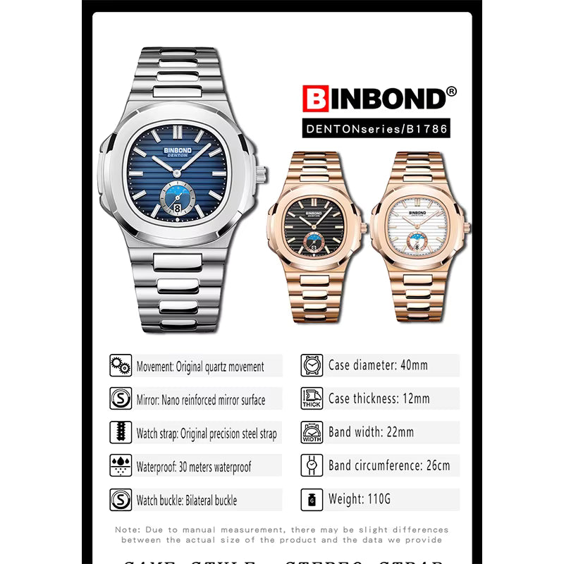 BINBOND Men's Business Quartz Watch – Stainless Steel Waterproof Wristwatch
