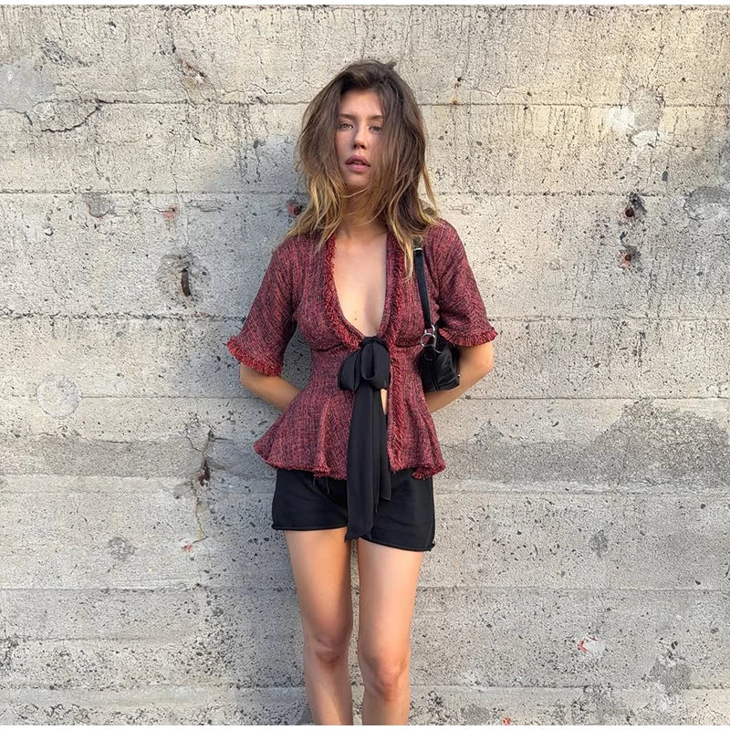 Women's Vintage Fringed V-Neck Blouse – Short Sleeve Lace-Up Ruffle Top | Chic Summer Fashion Shirt 2026