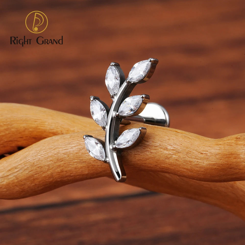 Right Grand ASTM F136 Titanium 16G Marquise CZ Leaves Stud Earring Leaf Shaped Helix Cartilage Conch Flat Back Piercing Jewelry