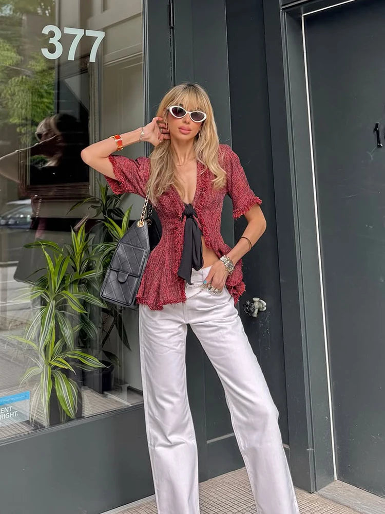 Women's Vintage Fringed V-Neck Blouse – Short Sleeve Lace-Up Ruffle Top | Chic Summer Fashion Shirt 2026