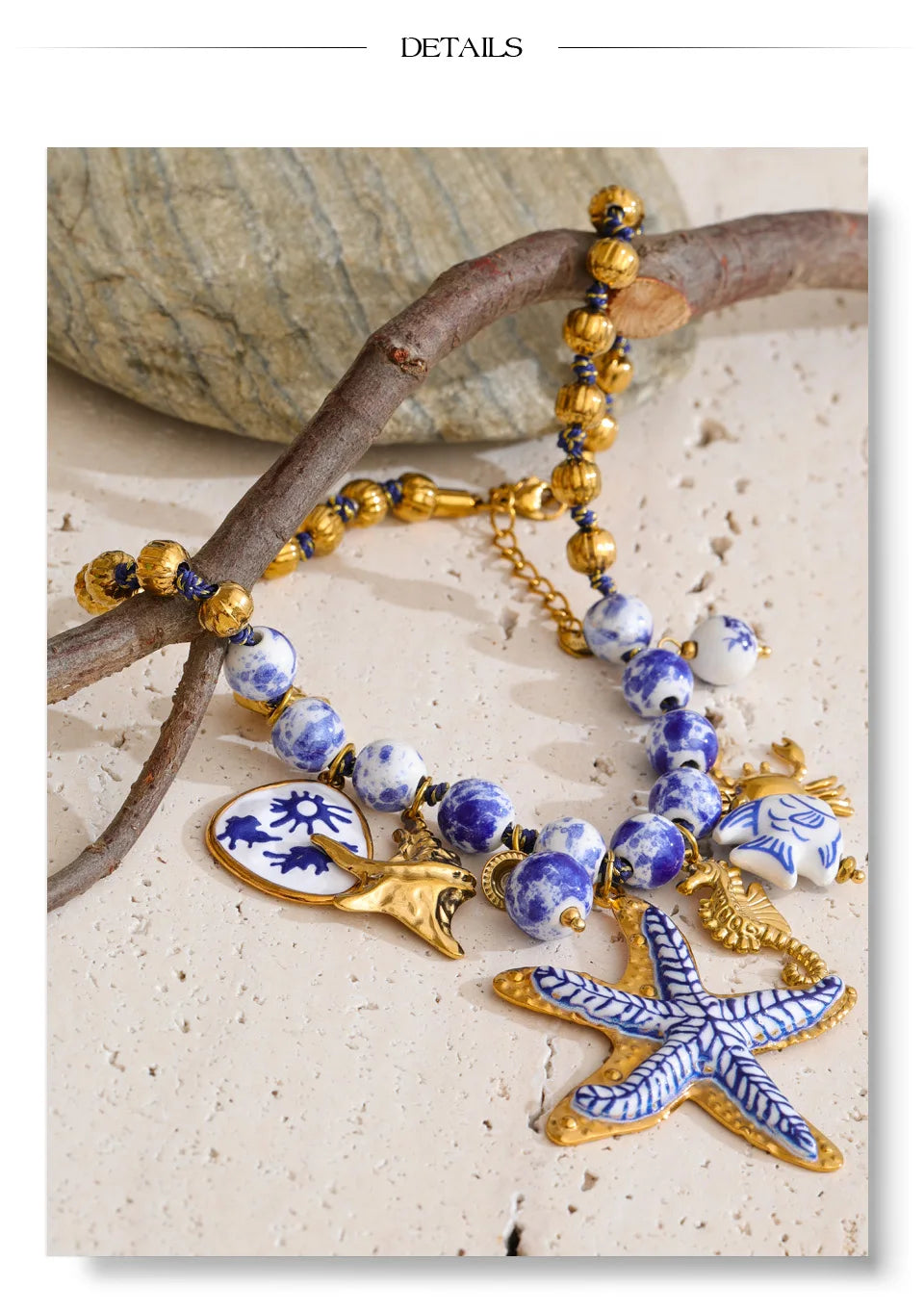 Yhpup Ocean Series Ceramic Beads Chain Fish Starfish Drop Charm Statement Necklace Exclusive Style Handmade Collar Jewelry