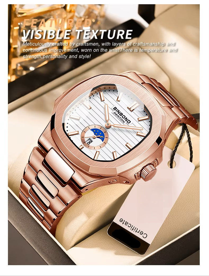 BINBOND Men's Business Quartz Watch – Stainless Steel Waterproof Wristwatch