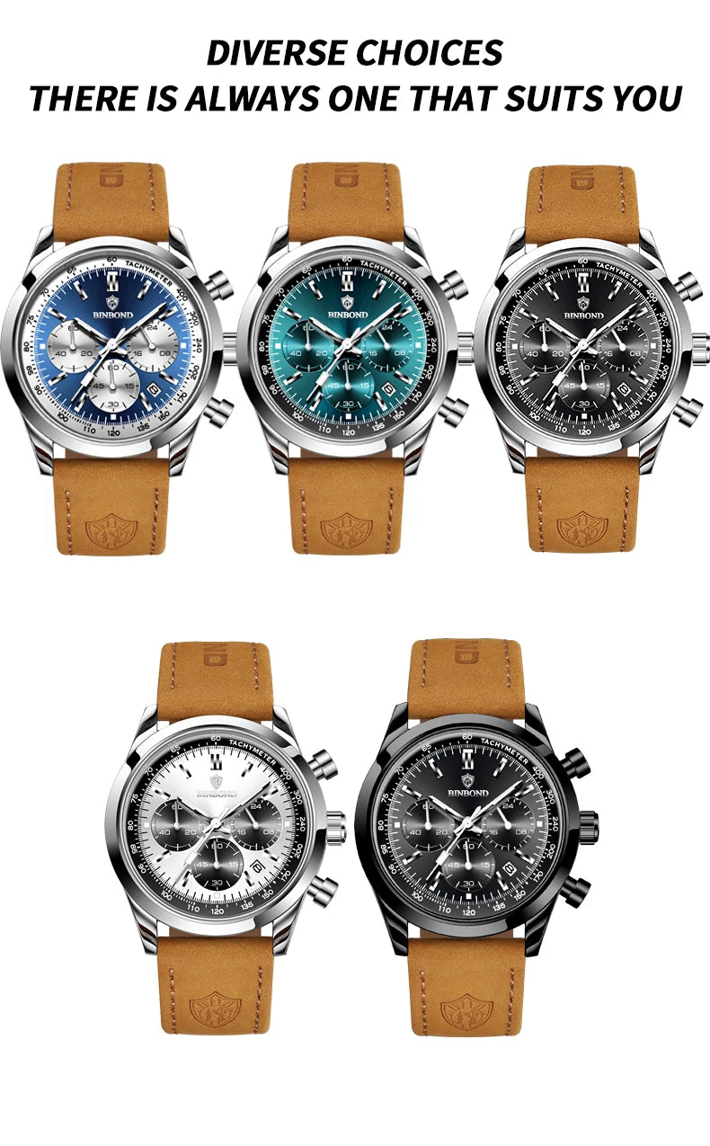 BINBOND Fashion New Quartz Men's Watch Leather Watchband Luminous Waterproof Timer Sports Business Man Watches Relogio Masculino