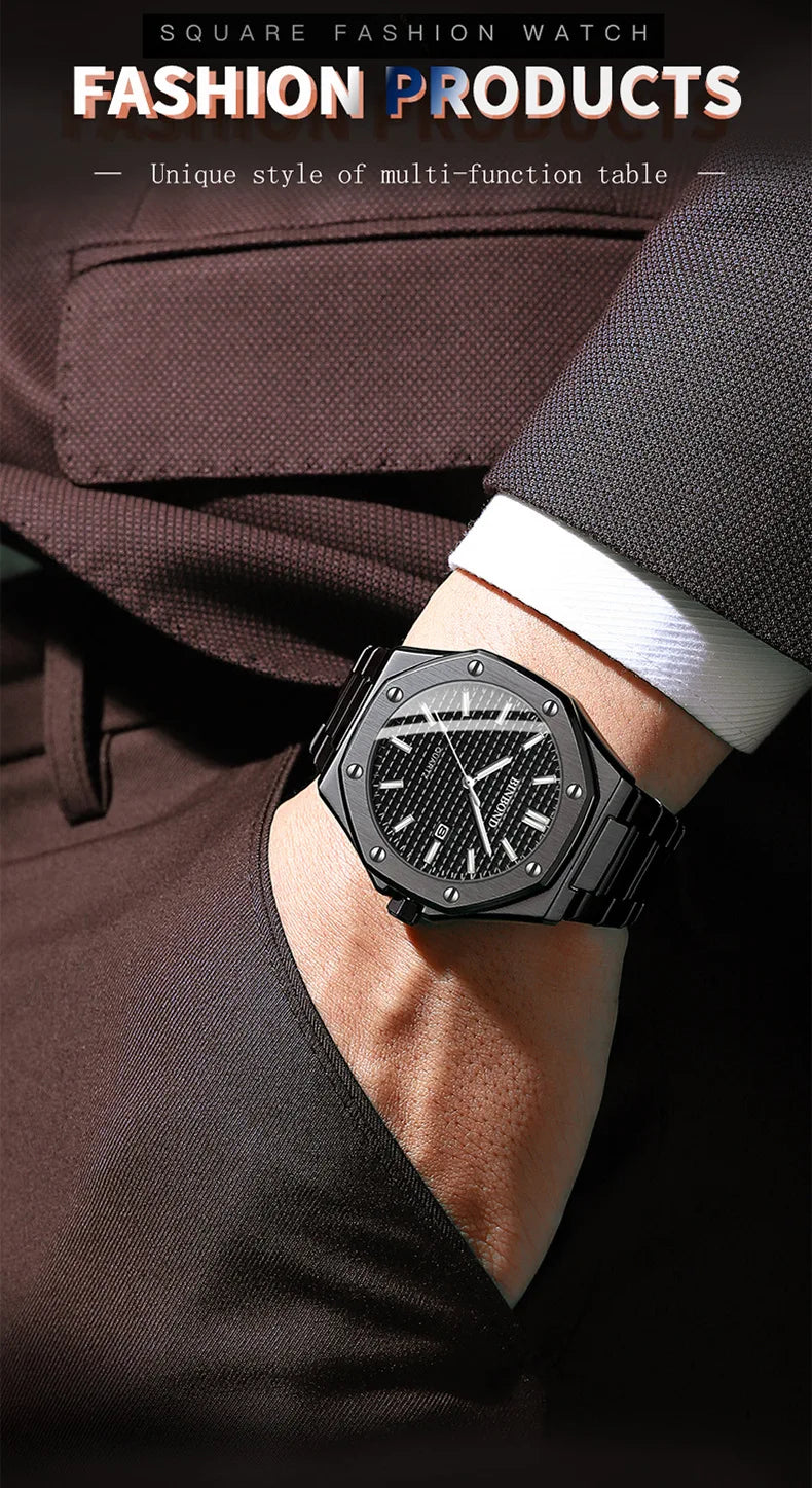 BINBOND B0233 Fashion Casual Men Watches Big Dial blackStainless Steel Calendar Quartz Wristwatch Classic Top Brand Male Clock