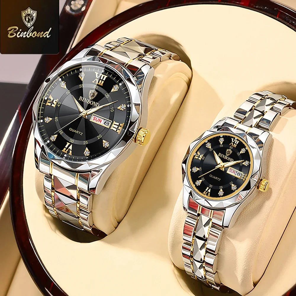 2pcs/Set BINBOND Couple Quartz Watches 30M Waterproof Fashion Diamond Valentine Day Gift Stainless Steel Watch Men Women Watch