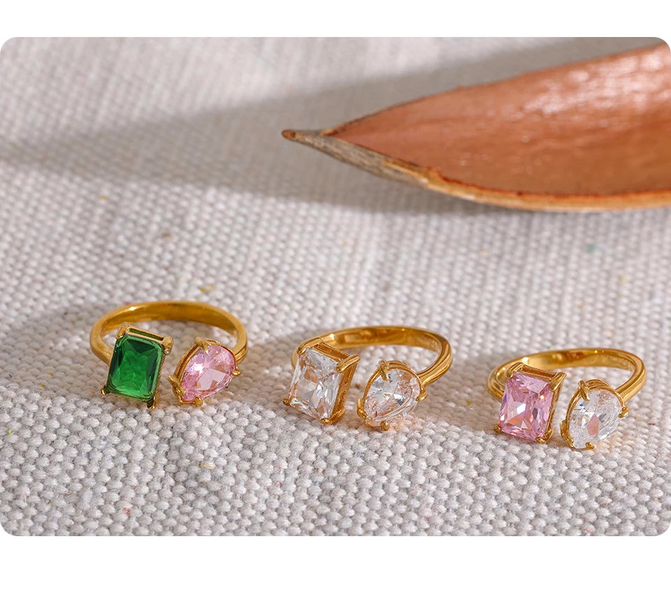 Yhpup Waterproof Fashion Stainless Steel Pink Green Cubic Zirconia Adjustable Open Ring Gold Color Unique Bling Charm Jewelry
