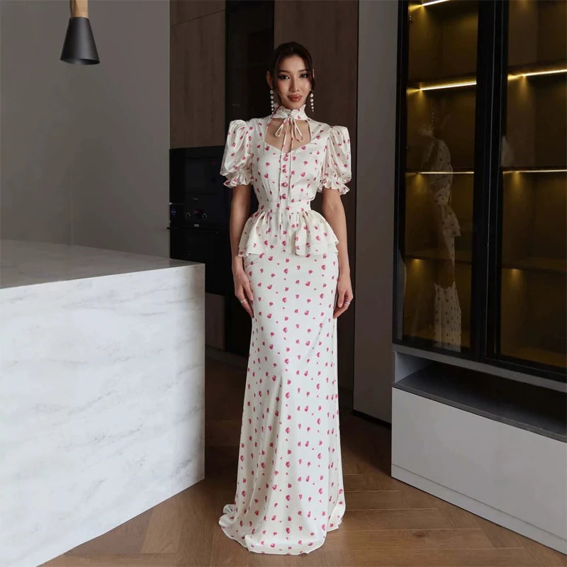 Women's 2-Piece Floral Print Mermaid Skirt Set – Elegant V-Neck Ruffle Sleeve Outfit