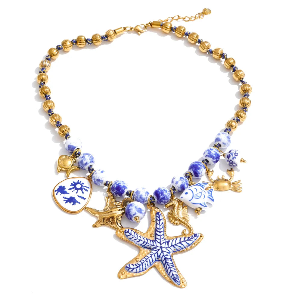Yhpup Ocean Series Ceramic Beads Chain Fish Starfish Drop Charm Statement Necklace Exclusive Style Handmade Collar Jewelry