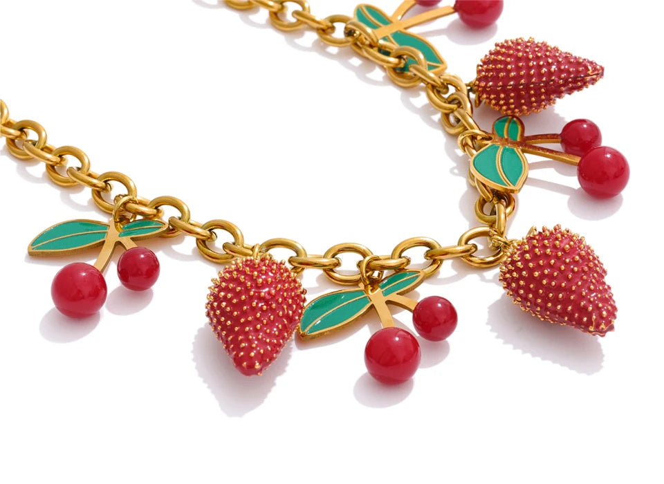 Yhpup 2025 Red Enamel Acrylic Cherry Strawberry Drop Necklace for Women Stainless Steel Fruit Handmade Fashion Collar Jewellery