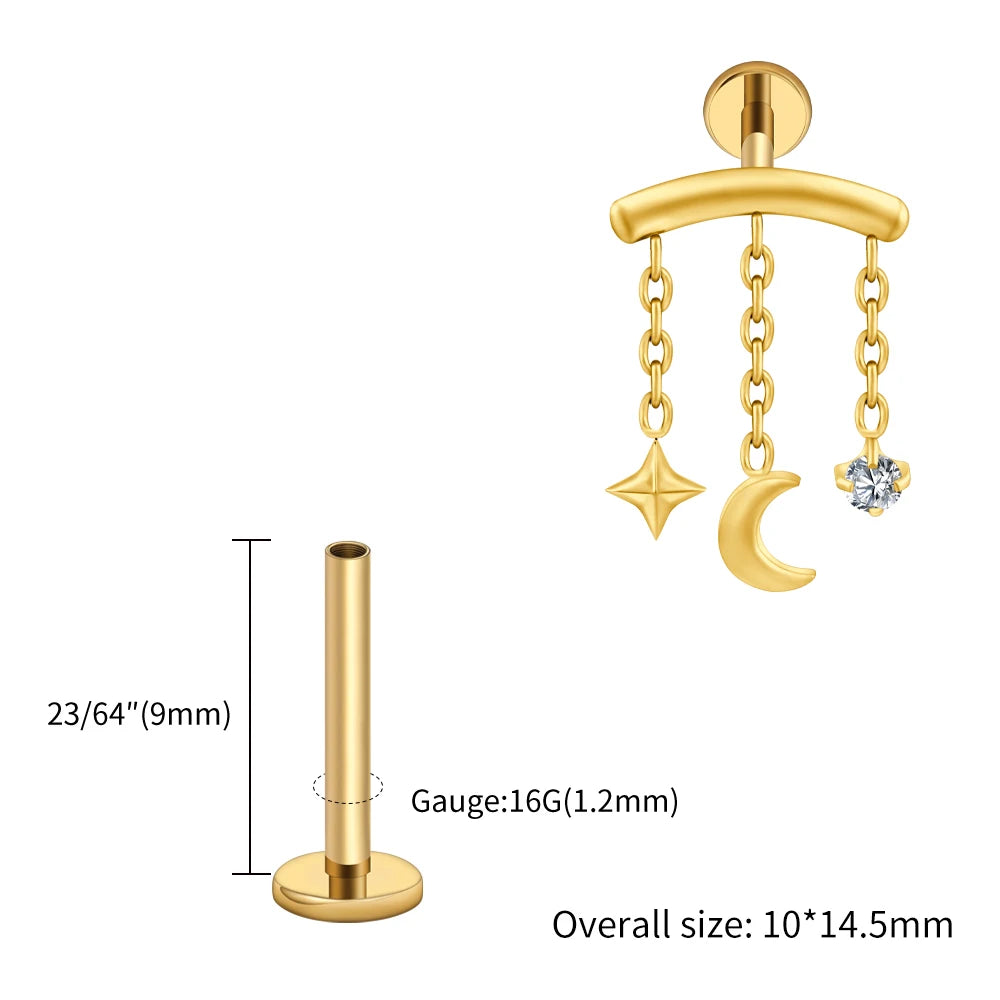 Right Grand ASTM F136 Titanium Hidden Helix Chain Earring 16G Dainty Star Moon CZ Dangle Cartilage Stud Piercing Jewelry