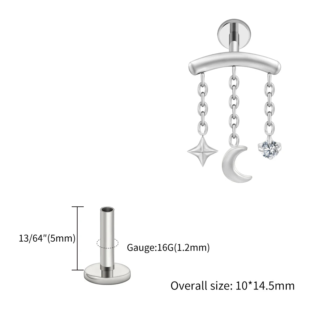 Right Grand ASTM F136 Titanium Hidden Helix Chain Earring 16G Dainty Star Moon CZ Dangle Cartilage Stud Piercing Jewelry