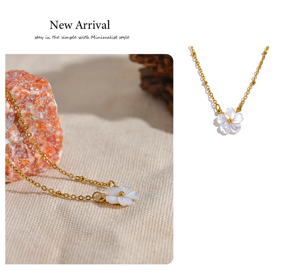 Yhpup Chic Fashion Natural Shell Flower Pendant Necklace Gift Stainless Steel Exquisite Chain Gold Color Premium Jewelry Bijoux