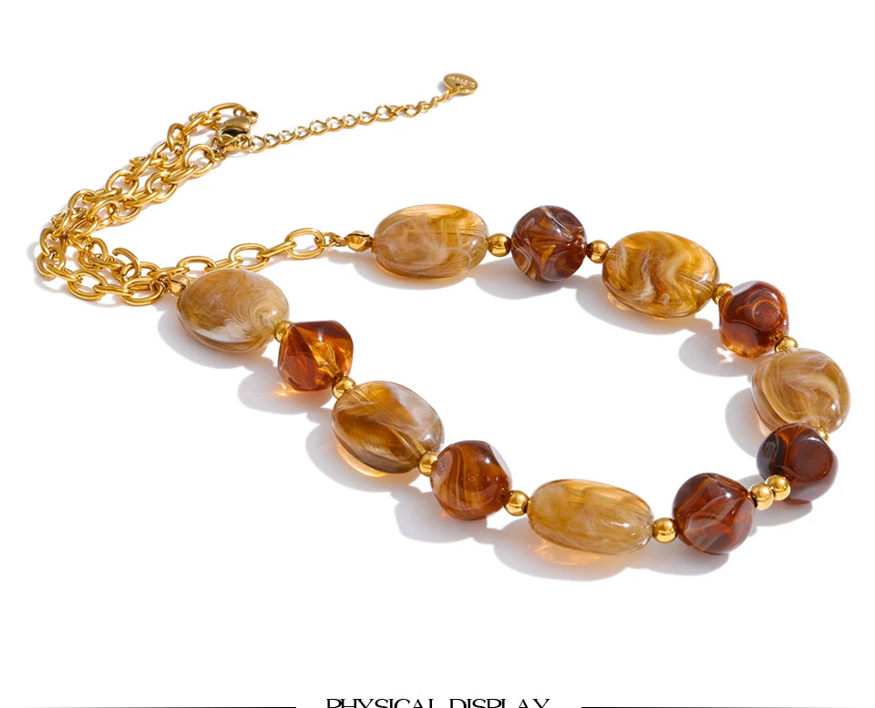 Yhpup Stainless Steel Resin Beads Chain Statement Necklace Waterproof PVD Plated Handmade Attractive Neck Jewelry Accessories