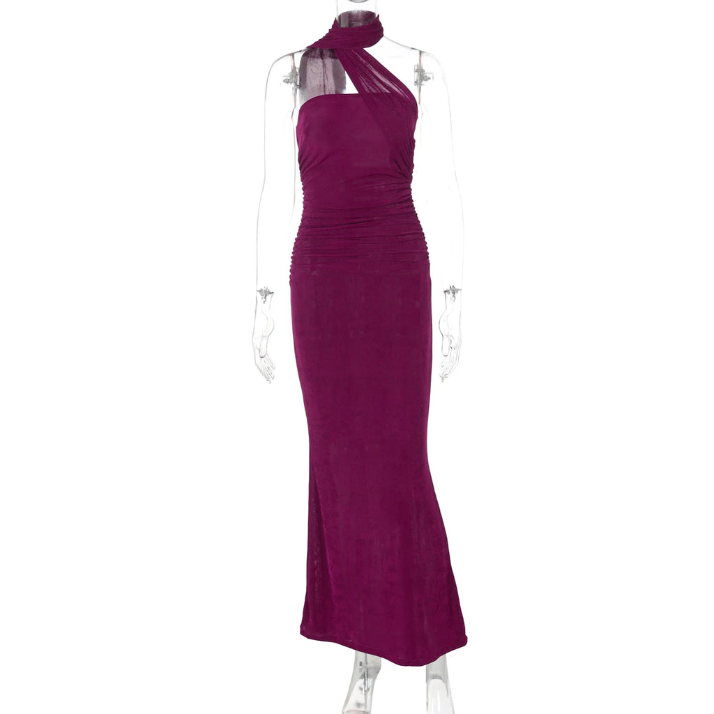 Hugcitar Elegant Solid Halter Sleeveless Backless Ruched Sexy Bodycon Maxi Dress Summer Women Y2K Outfit Evening Party Festival