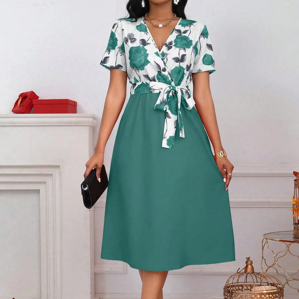 Women's Vintage Rose Print Tie Waist A-Line Midi Dress
